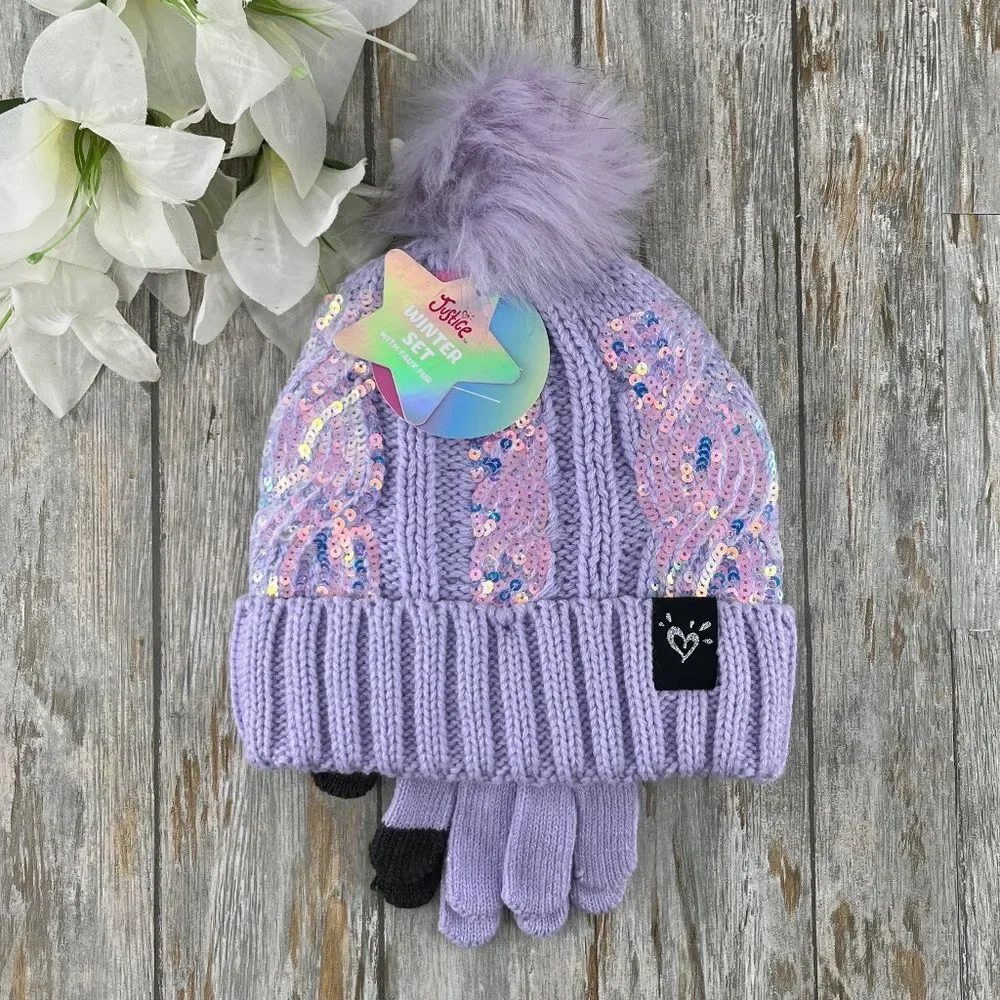 Girls Justice Sequin Cable Knit Hat and Gloves Set Pink 2-Pack